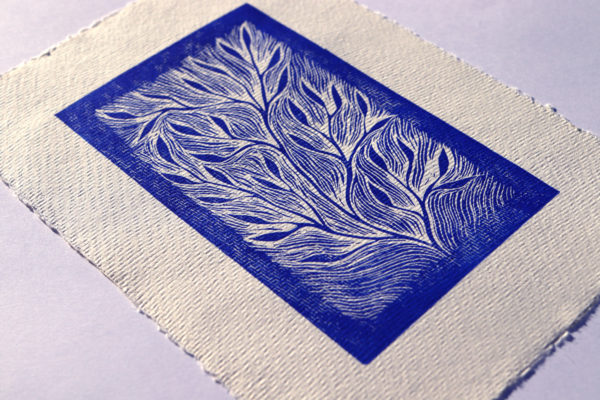 carte feuillage bleu sur papier fin artisanal