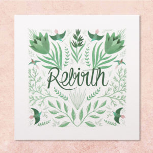 carte rebirth verte claire avec motifs folk oiseaux et végétal