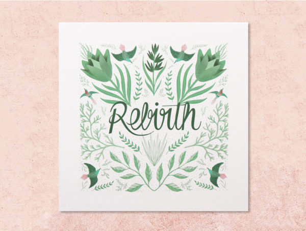 carte rebirth verte claire avec motifs folk oiseaux et végétal