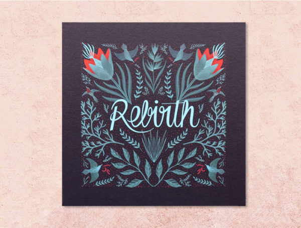 carte rebirth bleue et rouge aux motifs folk nature