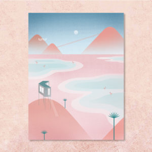 poster flamingos' lakes en rose et bleu