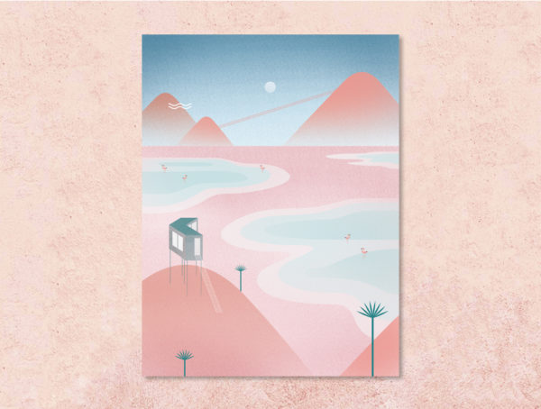 poster flamingos' lakes en rose et bleu